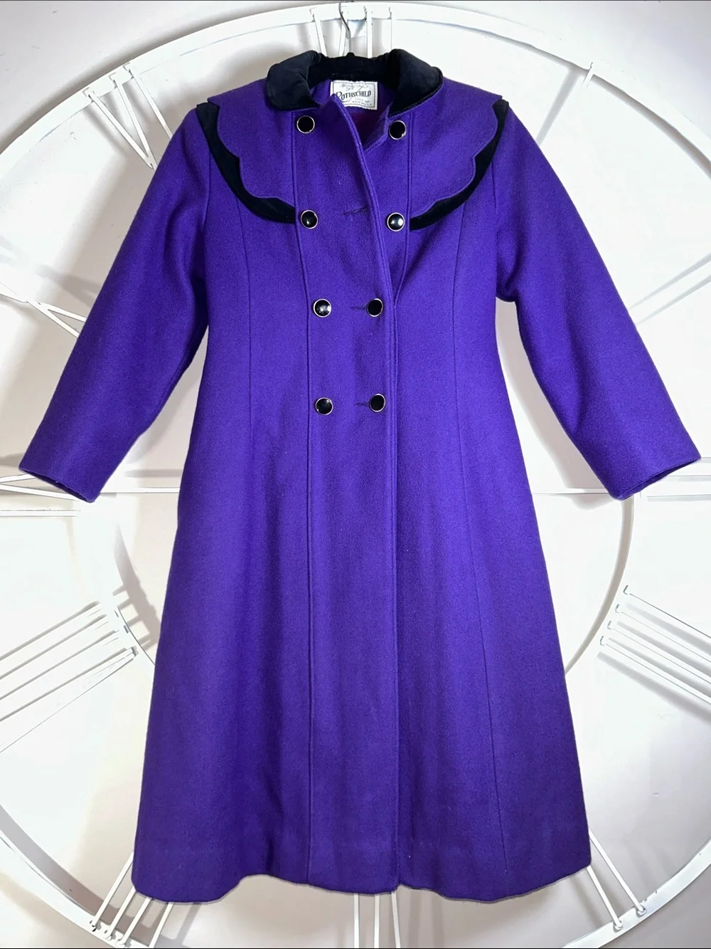 Vintage Rothschild Vibrant Purple Double-Breasted Wool Coat with Black Trim